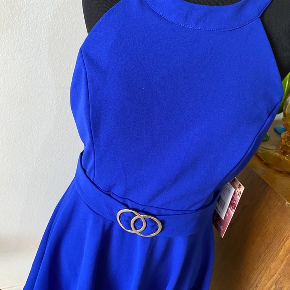 Royal Blue Emerald Sundae Cocktail dress with Gold emblem self Belt Size 11 NWT - Picture 4 of 12